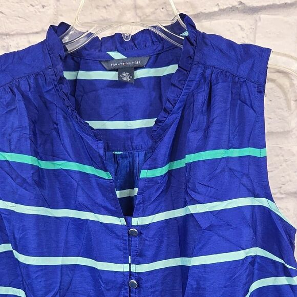 Tommy Hilfiger Royal Blue Striped Sleeveless Blouse Button Down Satin Sheen Top - Picture 2 of 9
